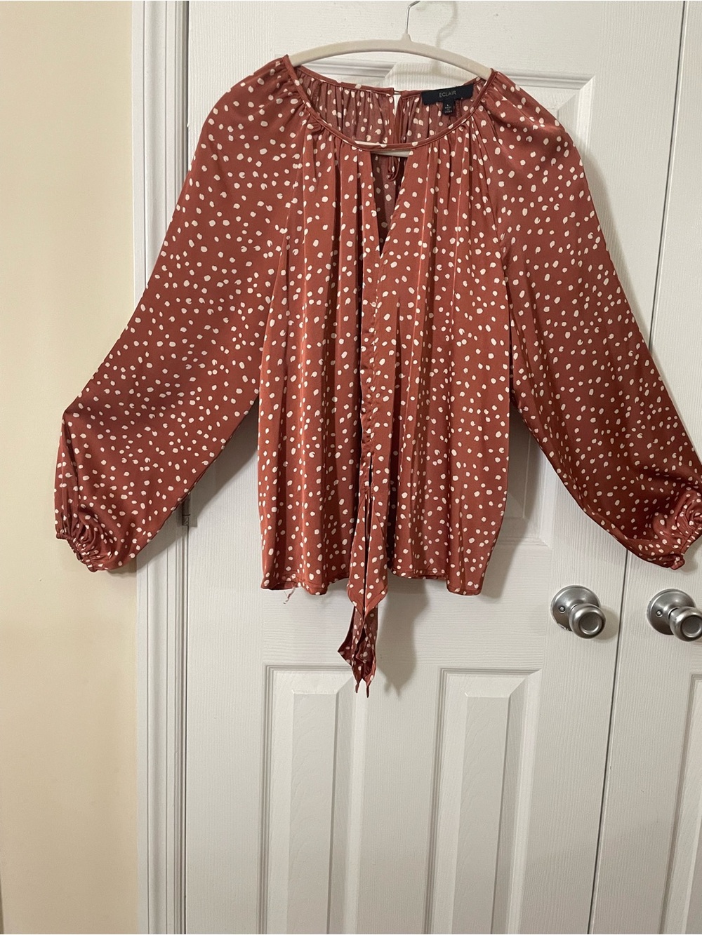 Women’s Rust Polka Dot Tie Long-Sleeve key-hole Satin Blouse